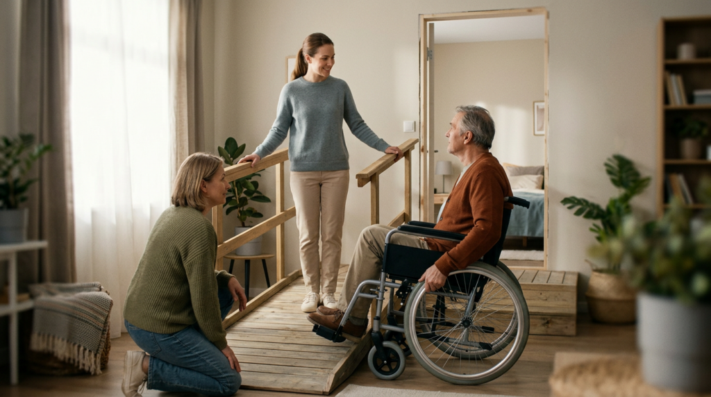 Wheelchair ramp leading to a home entrance with accessibility modifications for a paralyzed person.