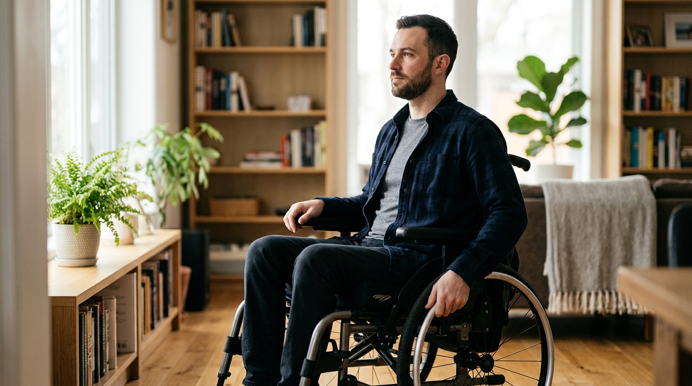 Wheelchair user gazes forward with quiet resolve after a catastrophic spinal injury.