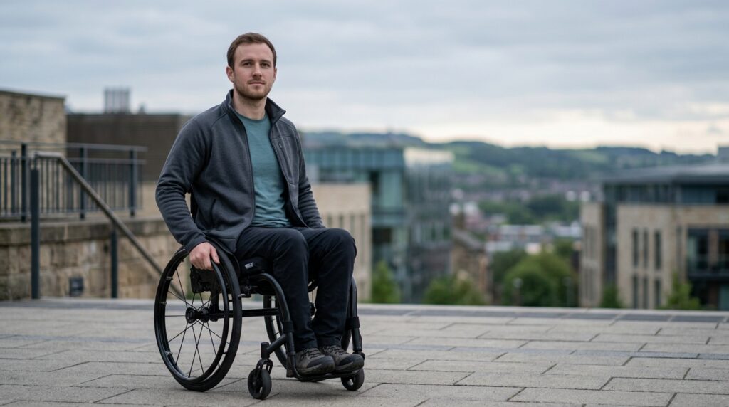 Wheelchair user gazes forward with quiet resolve after a catastrophic injury.