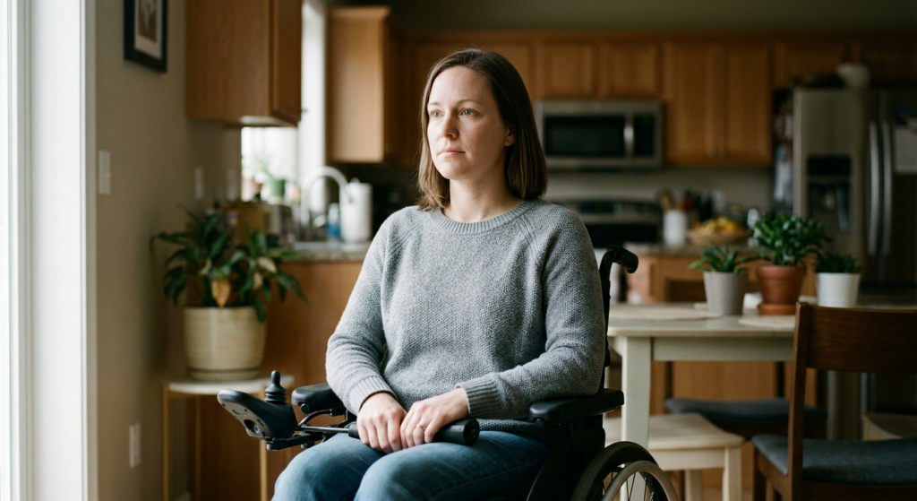 Wheelchair user gazing ahead with a calm, determined expression.