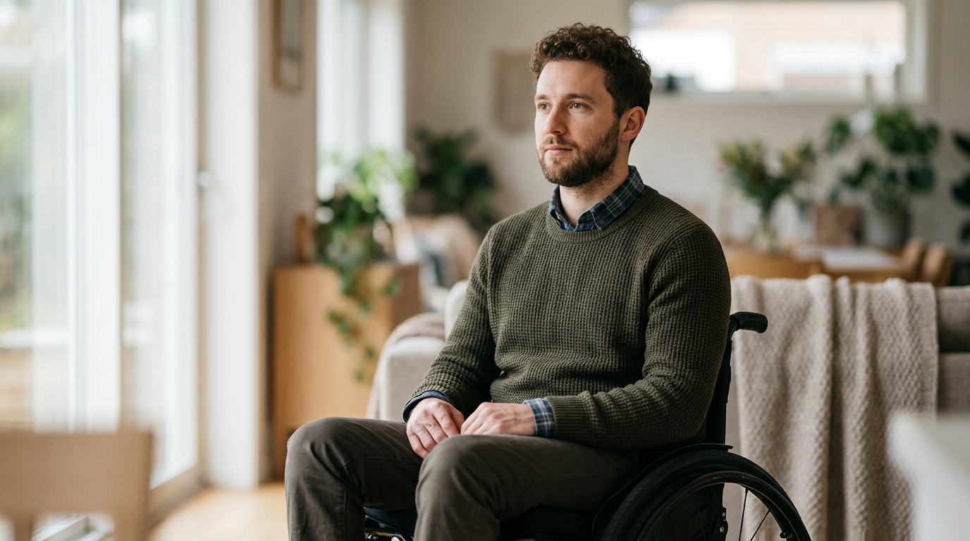 Wheelchair user gazing forward with quiet determination after spinal cord injury.