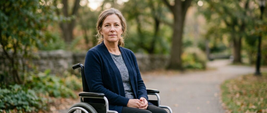 Wheelchair user gazing forward with quiet resolve after a catastrophic spinal injury.