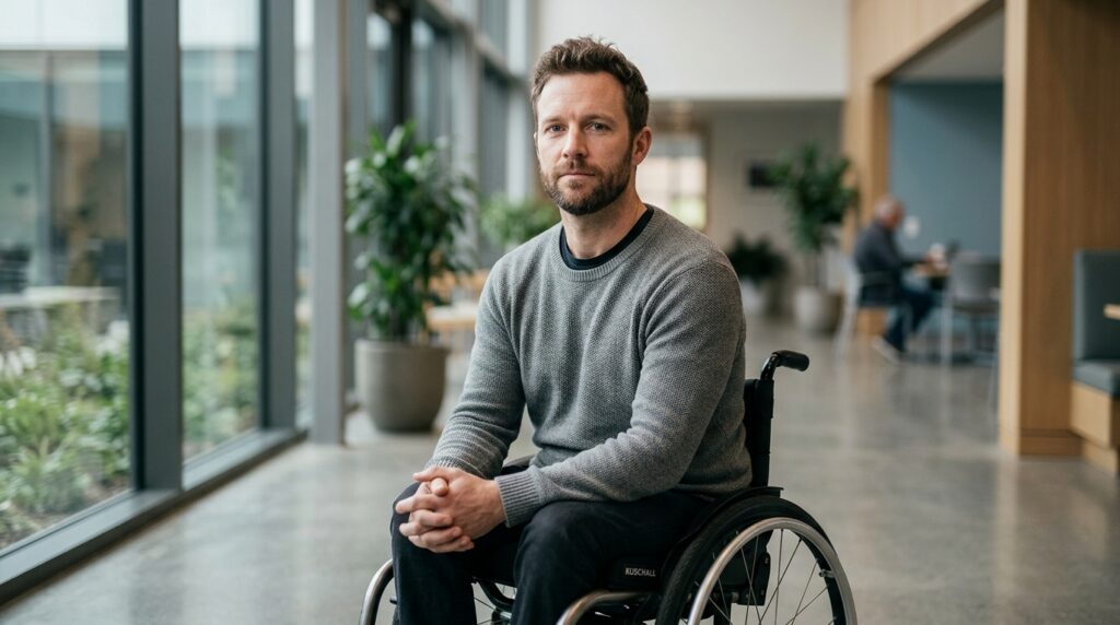 Wheelchair user gazing forward with quiet resolve after a catastrophic spinal injury.