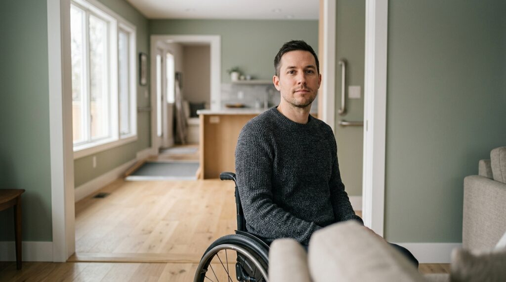 Wheelchair user gazing forward with quiet resolve after a catastrophic spinal injury.