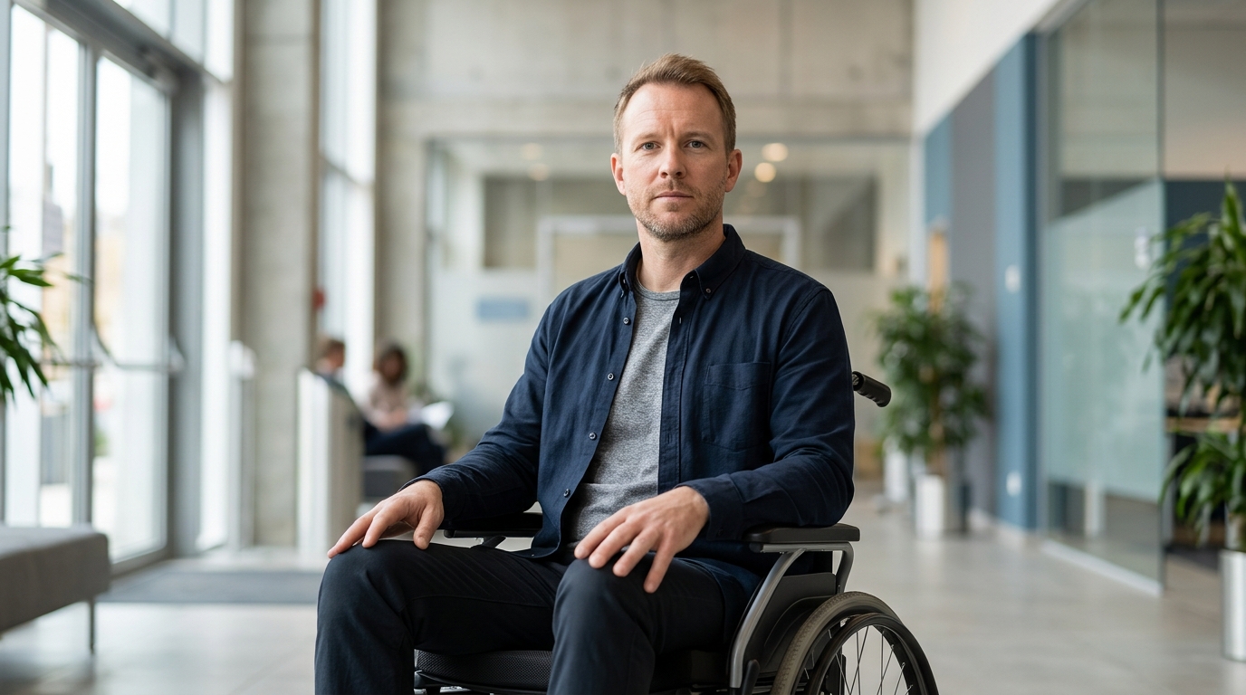 Wheelchair user gazing forward with quiet resolve after a catastrophic spinal injury.