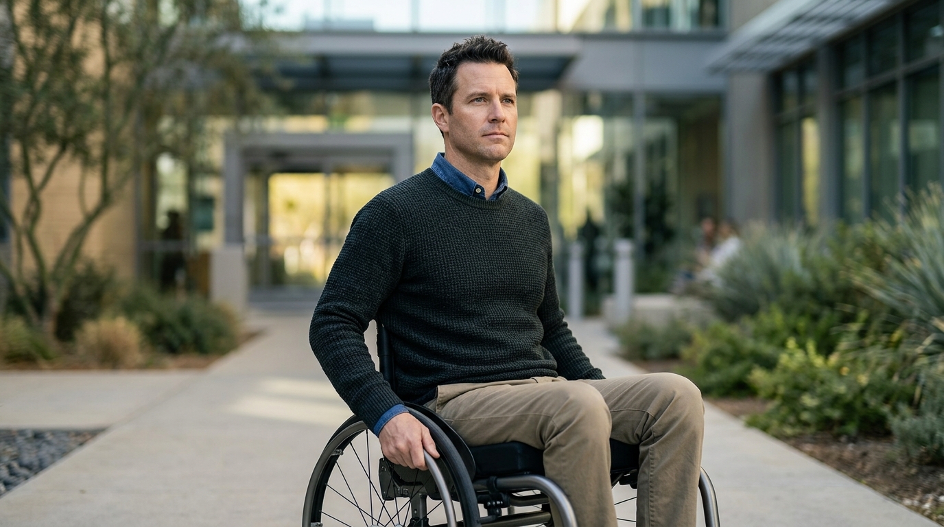 Wheelchair user gazing forward with quiet resolve after a catastrophic spinal injury.