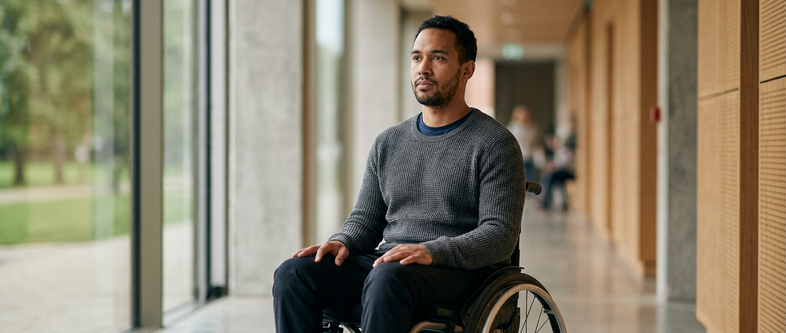 Wheelchair user gazing forward with quiet resolve after a catastrophic spinal injury.
