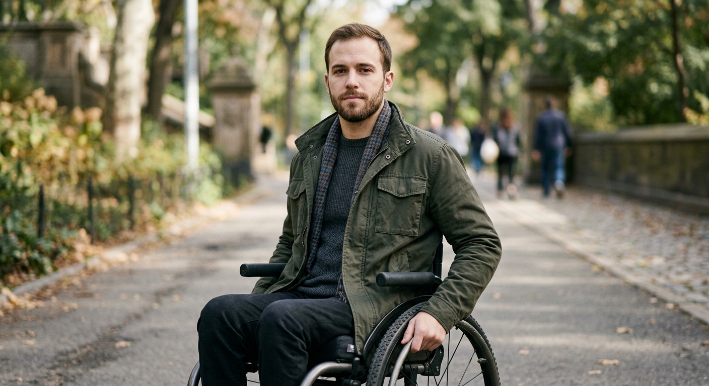 Wheelchair user gazing forward with quiet resolve after a serious spinal injury.