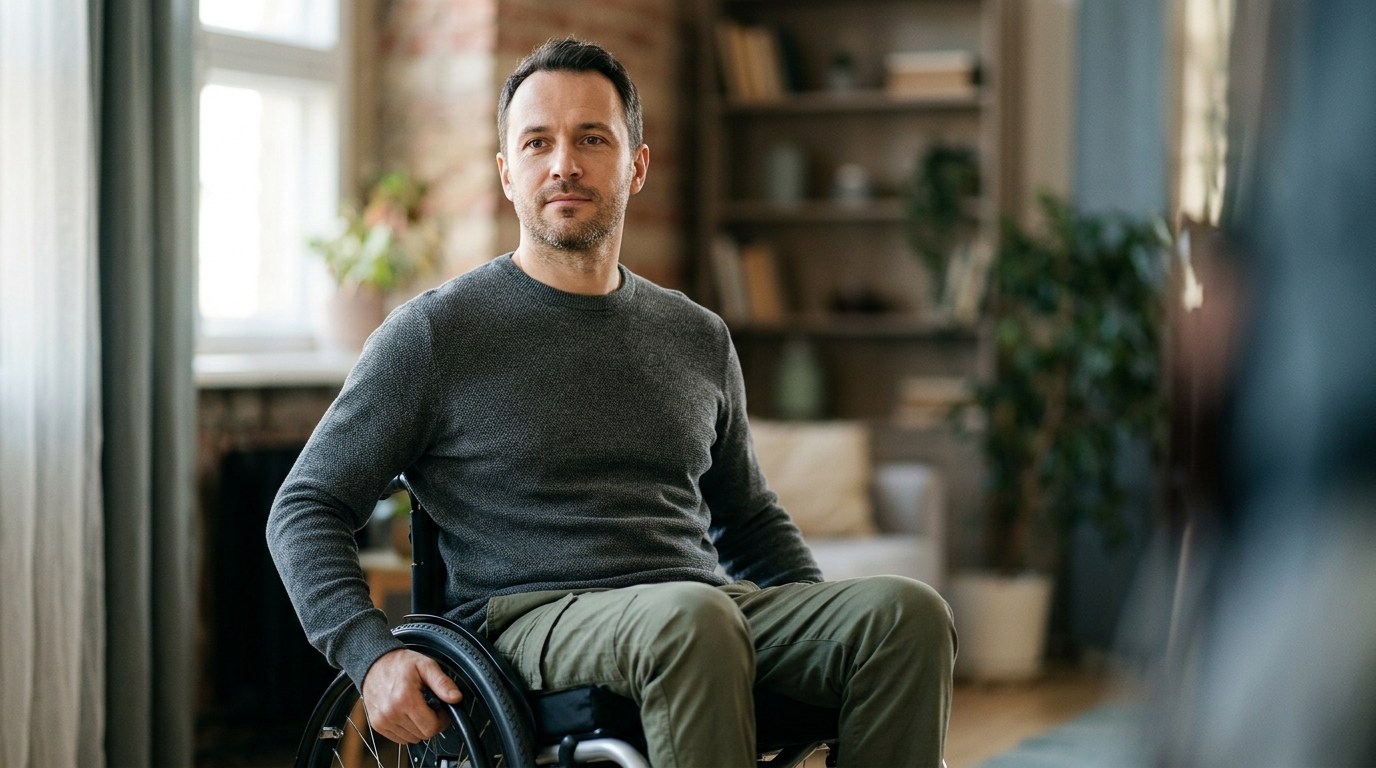 Wheelchair user gazing forward with quiet resolve after catastrophic spinal injury.