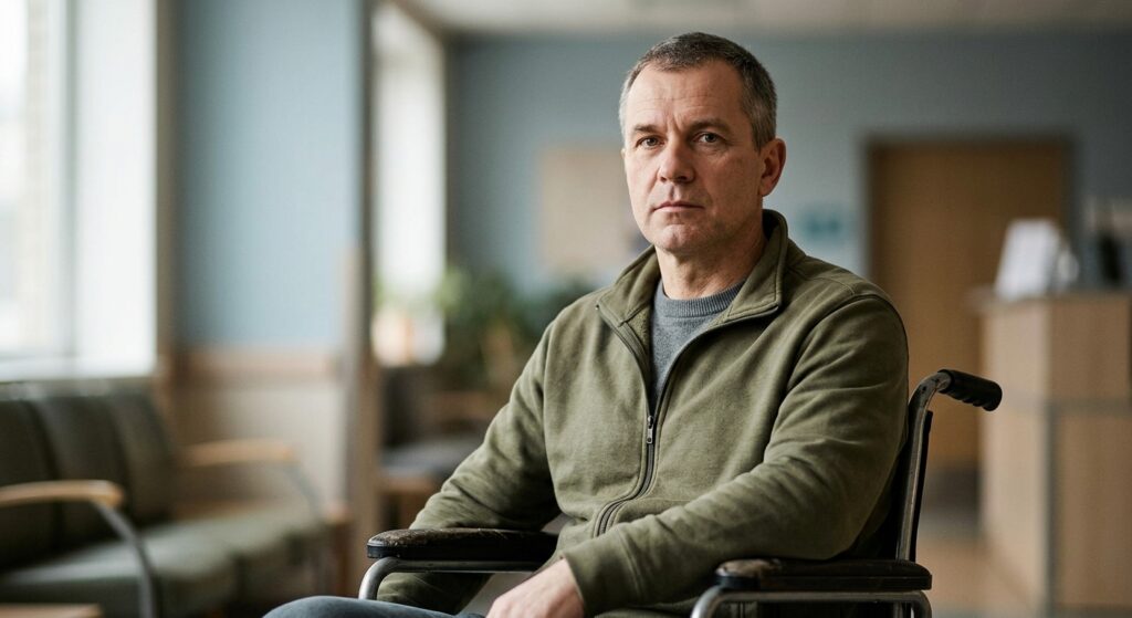 Wheelchair user gazing forward with quiet resolve after catastrophic spinal injury.