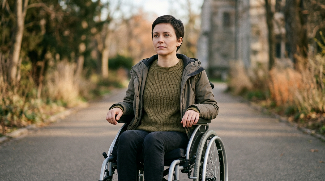 Wheelchair user gazing forward with quiet resolve after spinal cord injury.