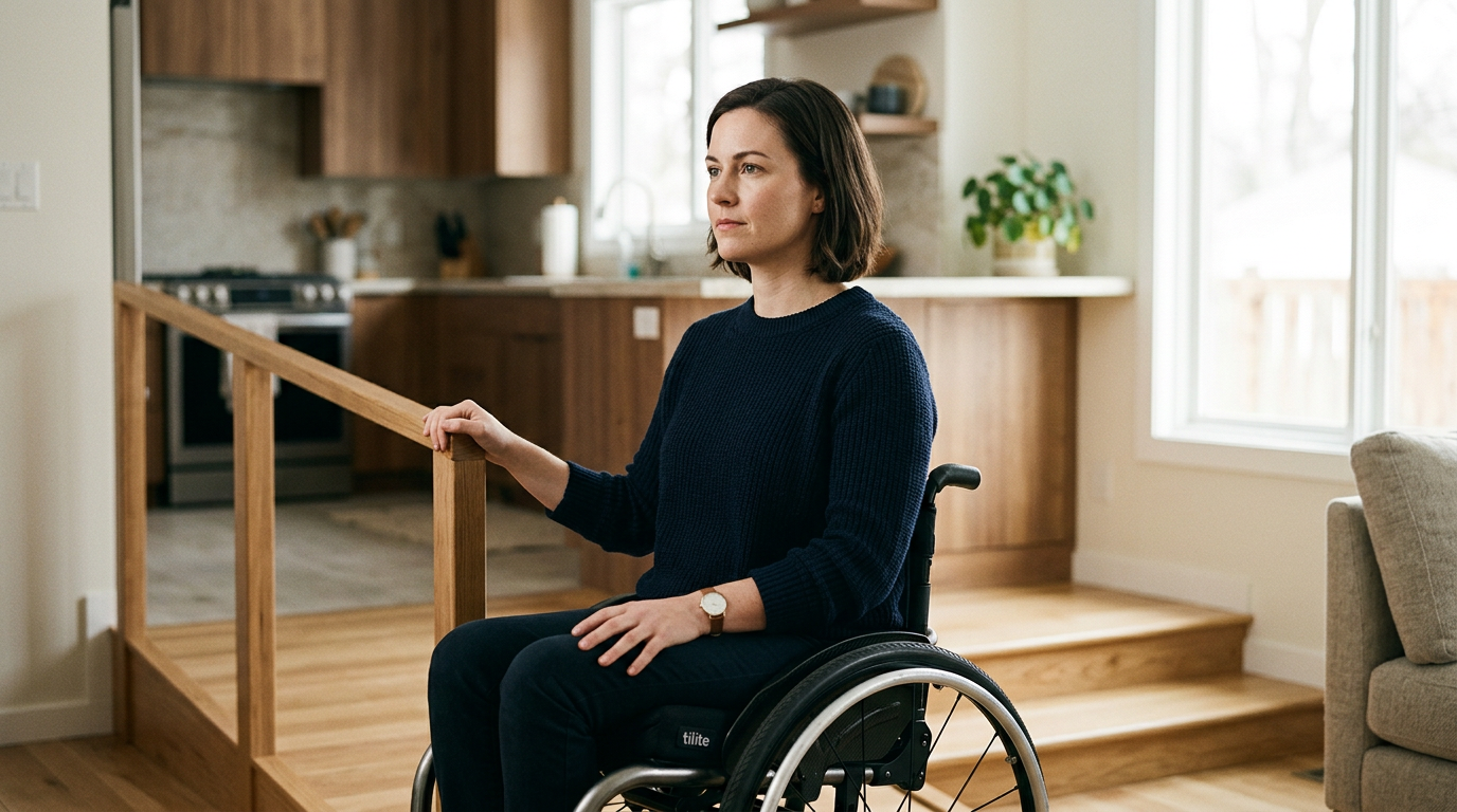 Wheelchair user looking ahead with quiet resolve at home after a spinal injury.