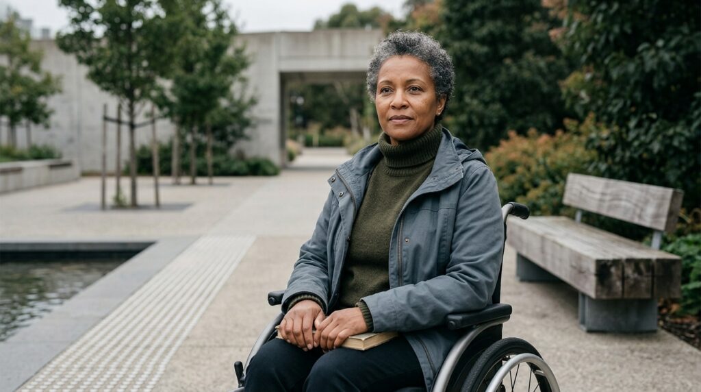 Wheelchair user looking forward with quiet resolve after a catastrophic spinal injury.