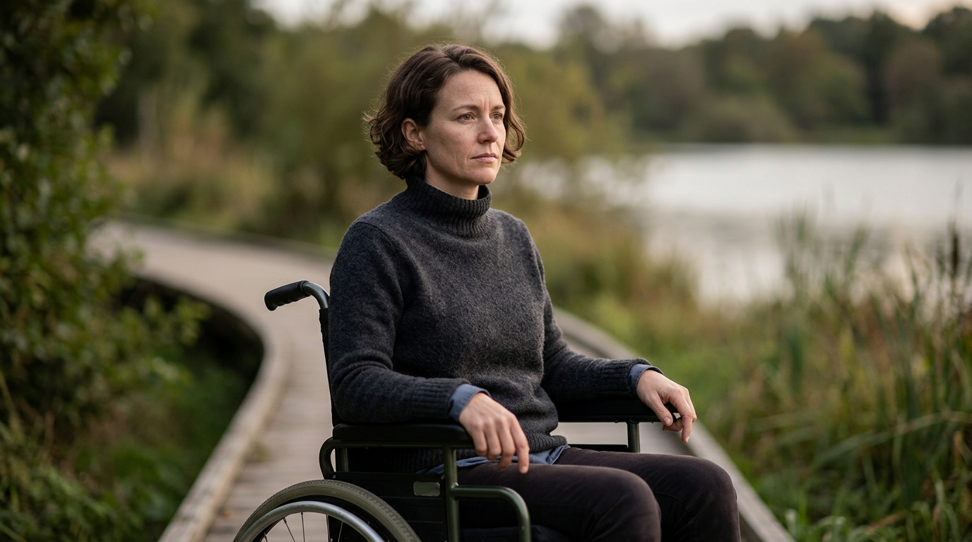 Wheelchair user looking forward with quiet resolve after a catastrophic spinal injury.