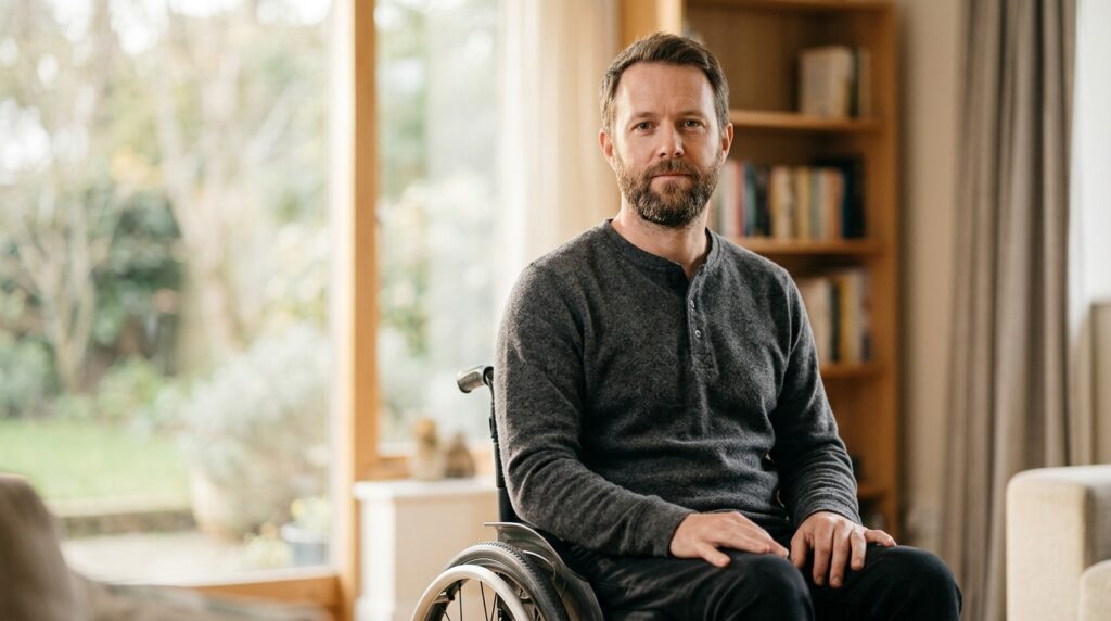Wheelchair user looking forward with quiet resolve after a catastrophic spinal injury.