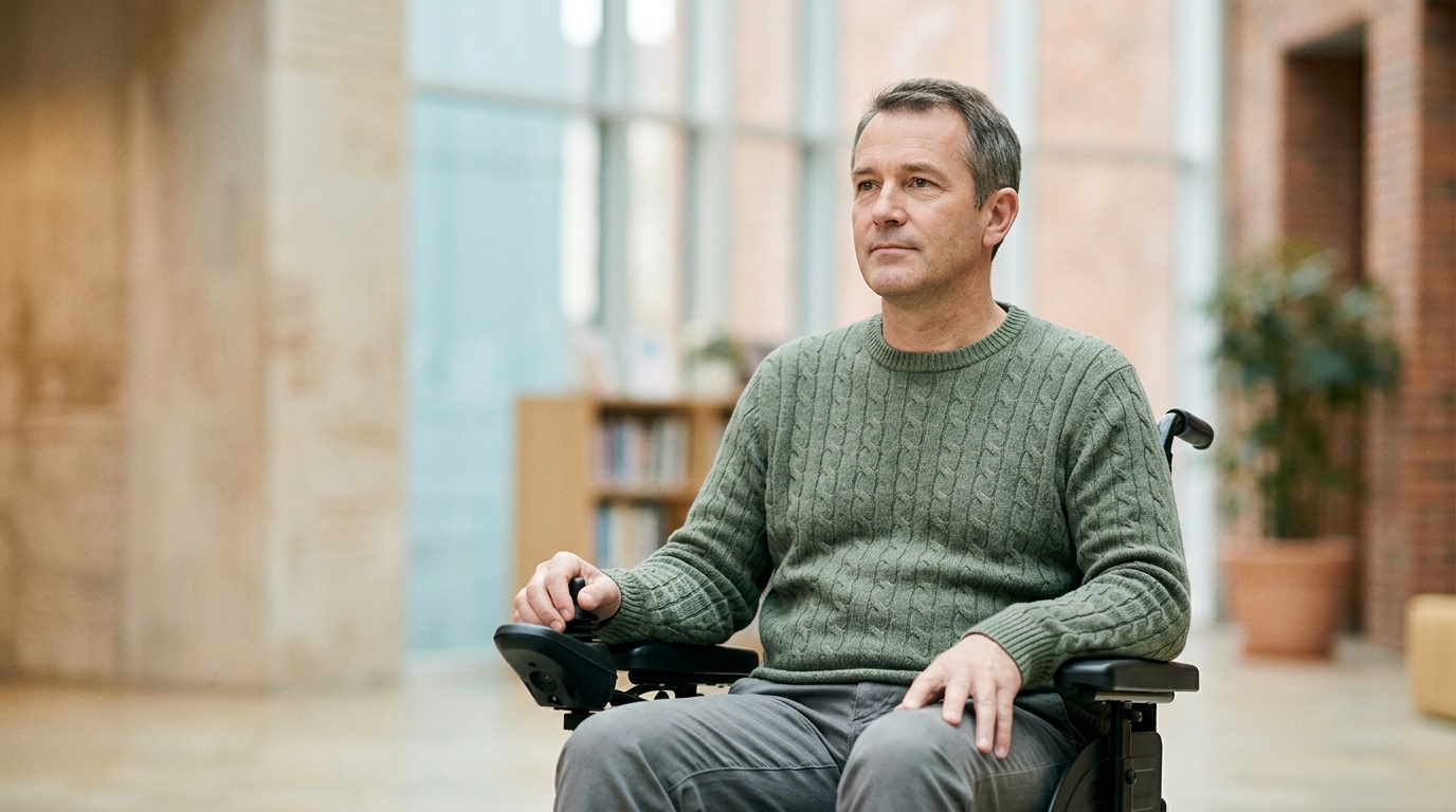 Wheelchair user looking forward with quiet resolve after a catastrophic spinal injury.