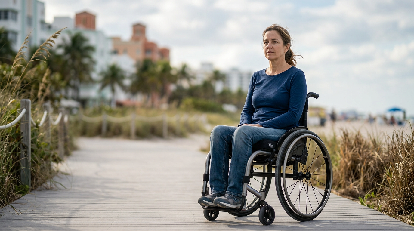 Wheelchair user looking forward with quiet resolve after a catastrophic spinal injury.