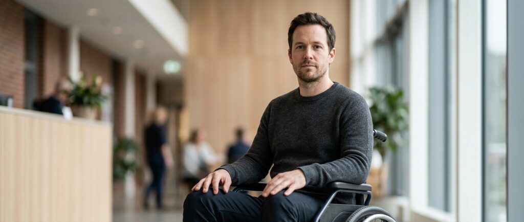 Wheelchair user looking forward with quiet resolve after a catastrophic spinal injury.
