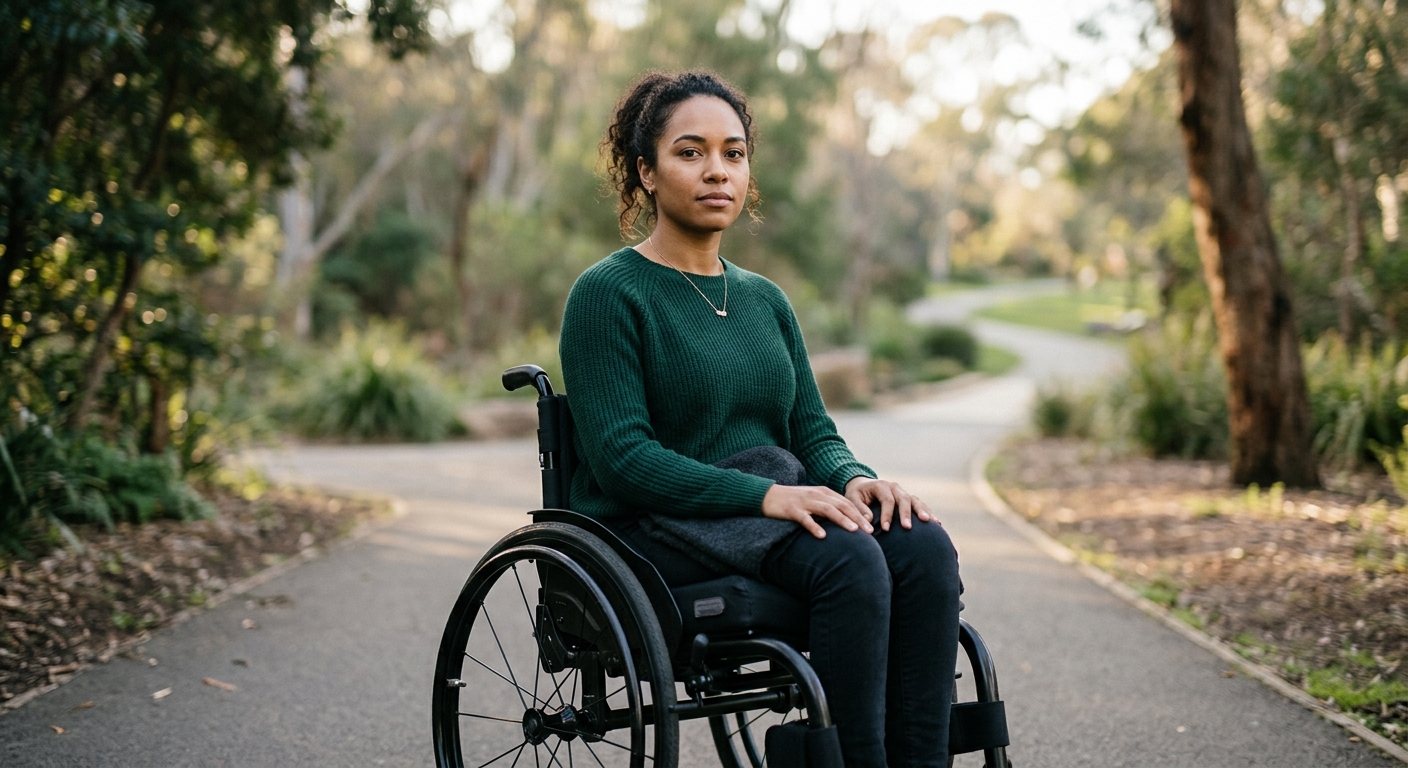 Wheelchair user looking forward with quiet resolve after a catastrophic spinal injury.