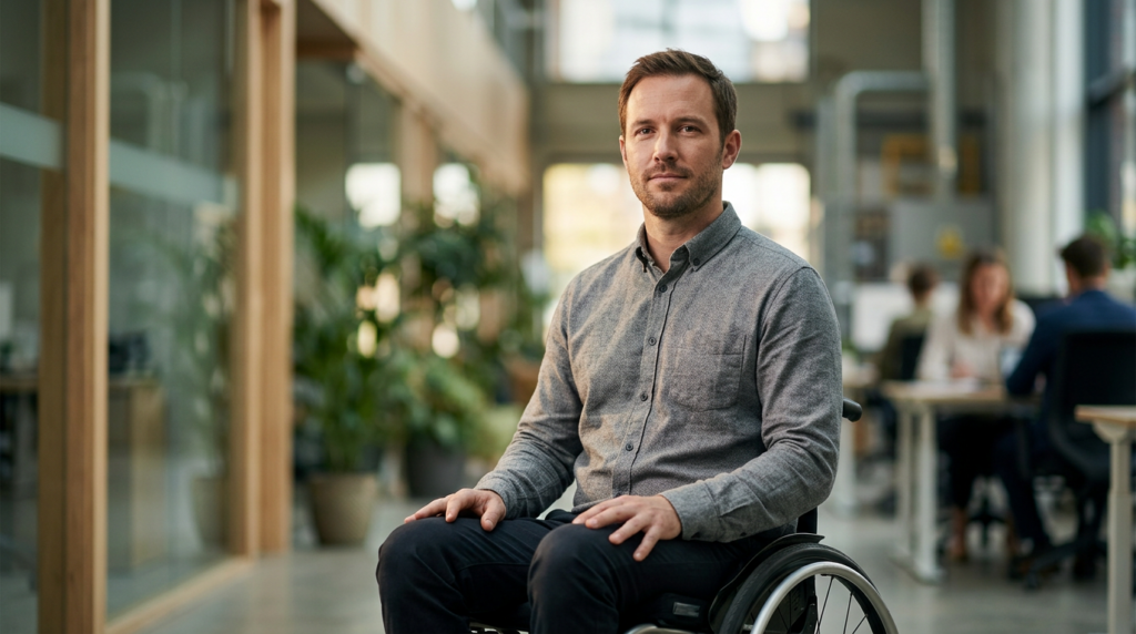 Wheelchair user looking forward with quiet resolve after a catastrophic spinal injury.