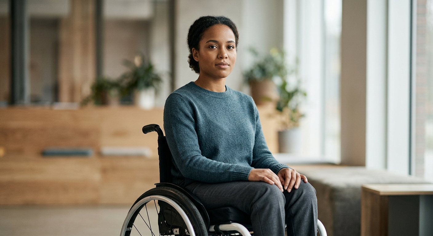 Wheelchair user looking forward with quiet resolve after a catastrophic spinal injury.