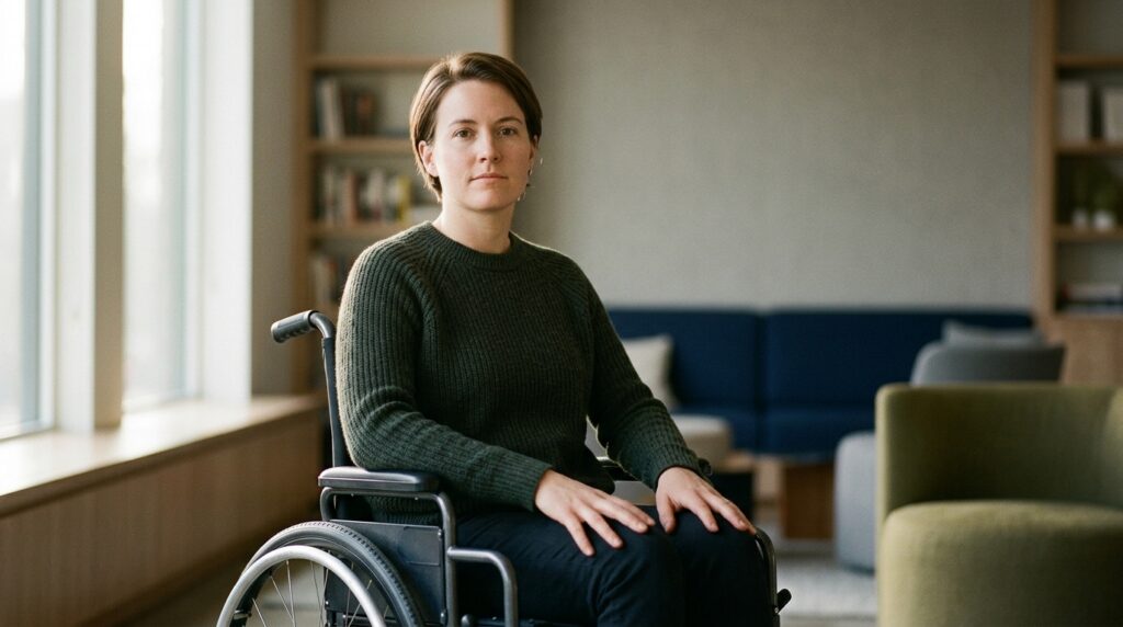 Wheelchair user looking forward with quiet resolve after a catastrophic spinal injury.
