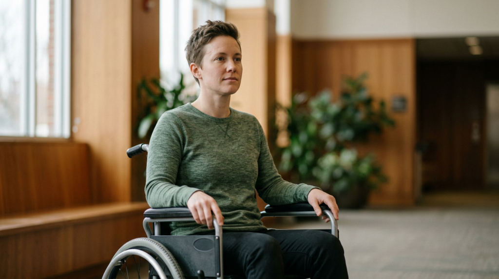 Wheelchair user looking forward with quiet resolve after a catastrophic spinal injury.