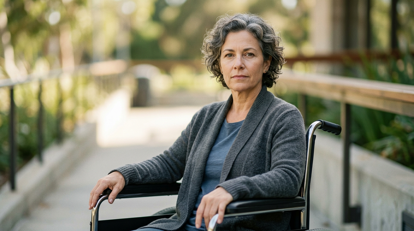 Wheelchair user looking forward with quiet resolve after a catastrophic spinal injury.