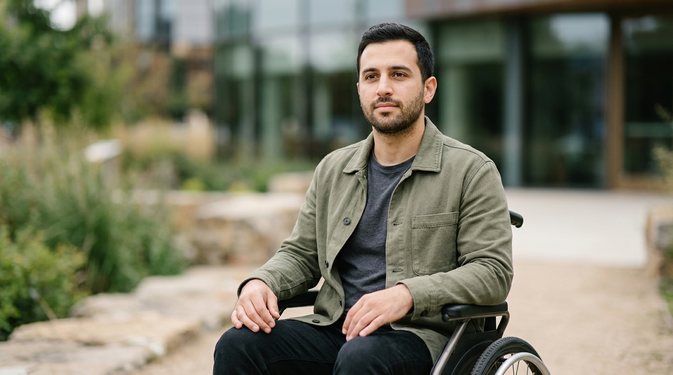 Wheelchair user looking forward with quiet resolve after a catastrophic spinal injury.