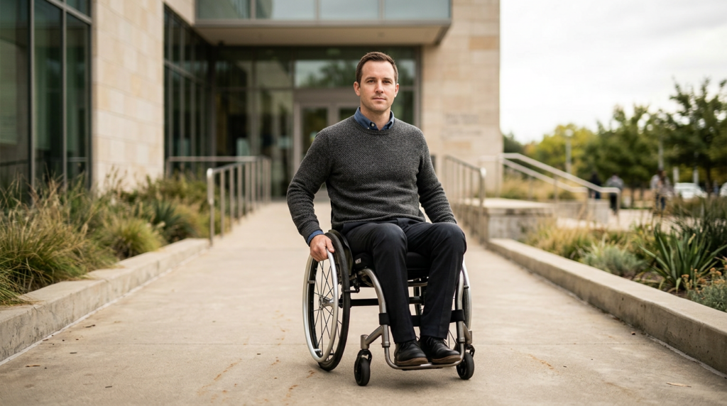 Wheelchair user looking forward with quiet resolve after a catastrophic spinal cord injury.