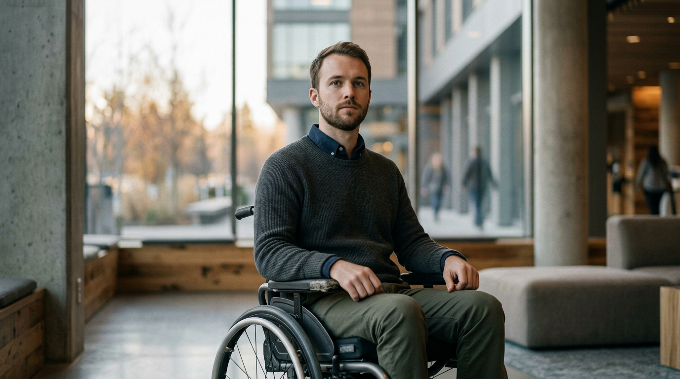 Wheelchair user looking forward with quiet resolve after a catastrophic spinal injury.