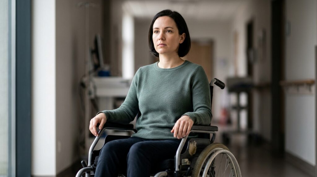 Wheelchair user looking forward with quiet resolve after a spinal injury.