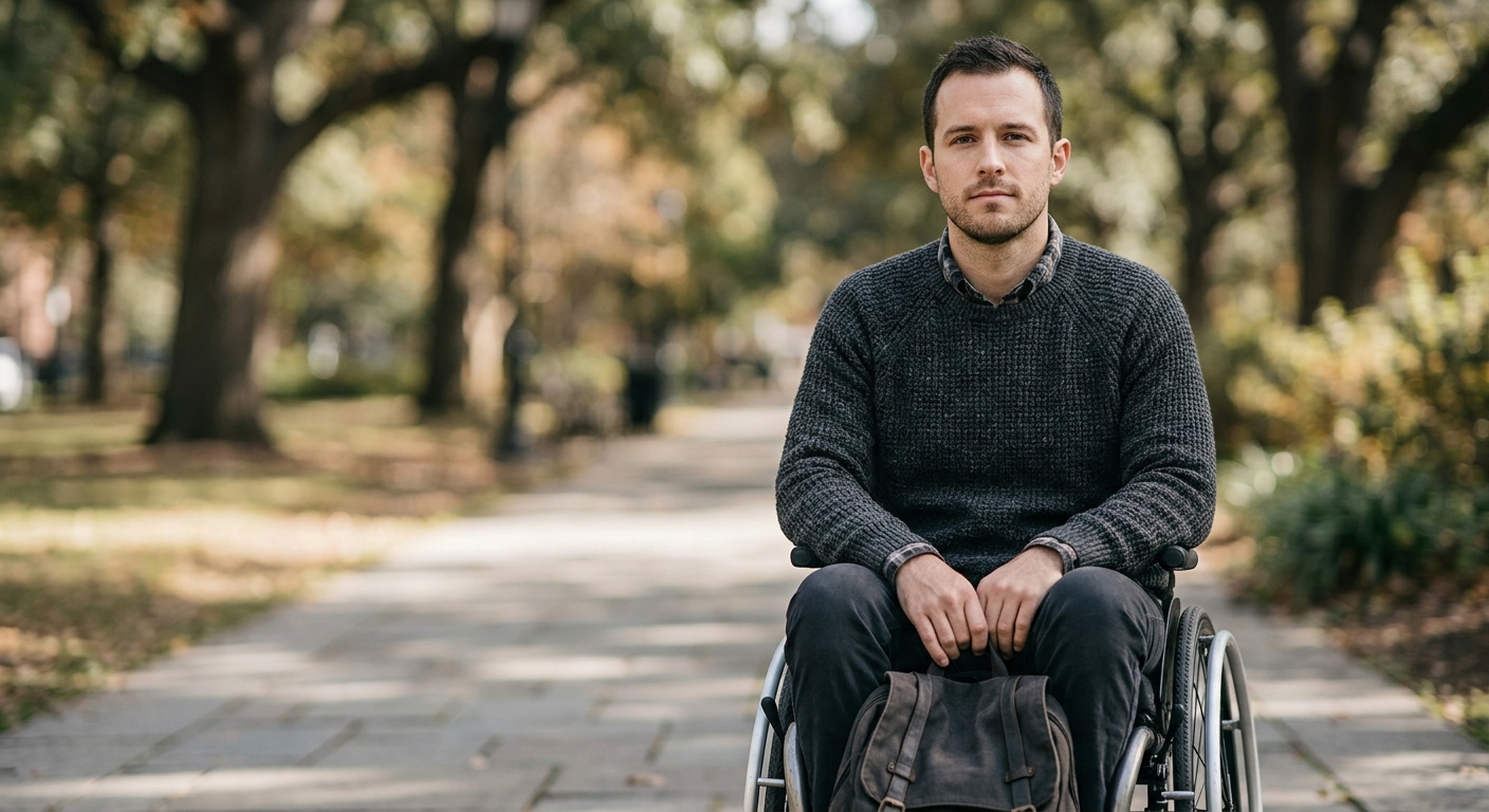 Wheelchair user looking forward with quiet resolve after catastrophic spinal injury.