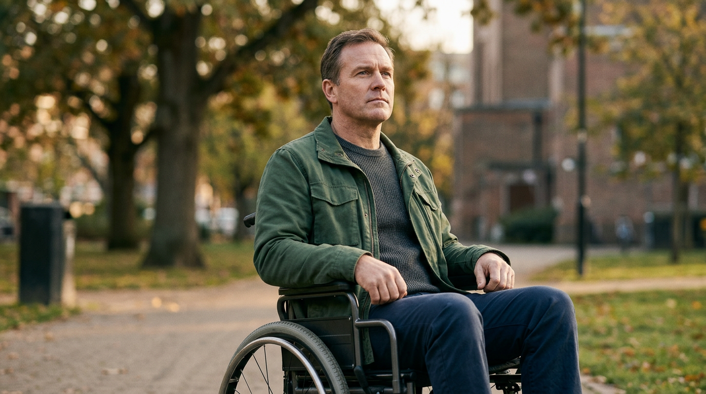 Wheelchair user looking forward with quiet resolve after catastrophic spinal injury.