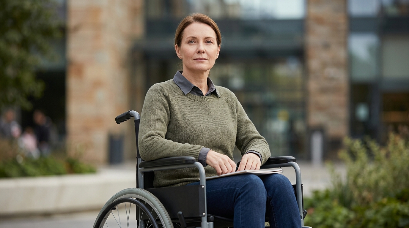 Wheelchair user looks forward with quiet resolve after a catastrophic spinal injury.