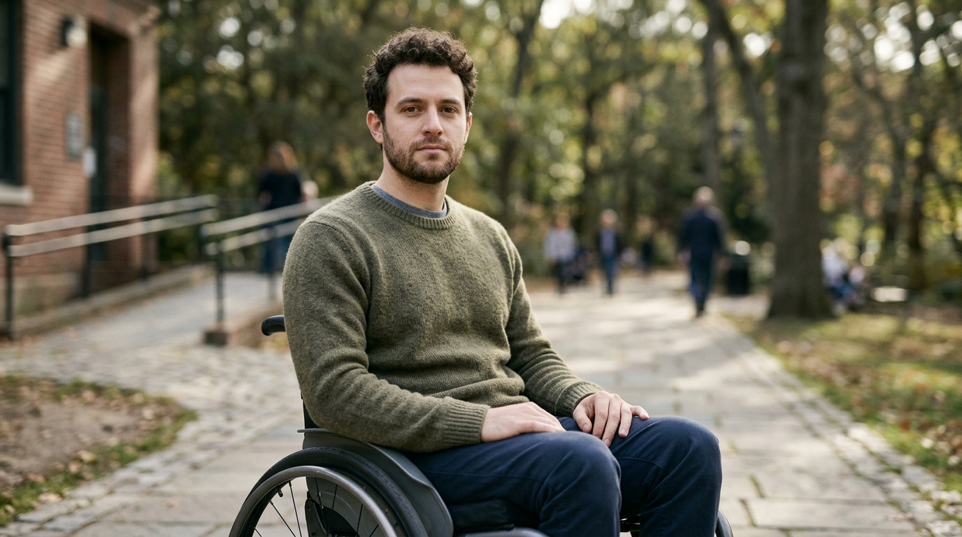 Wheelchair user looks forward with quiet resolve after a catastrophic spinal injury.