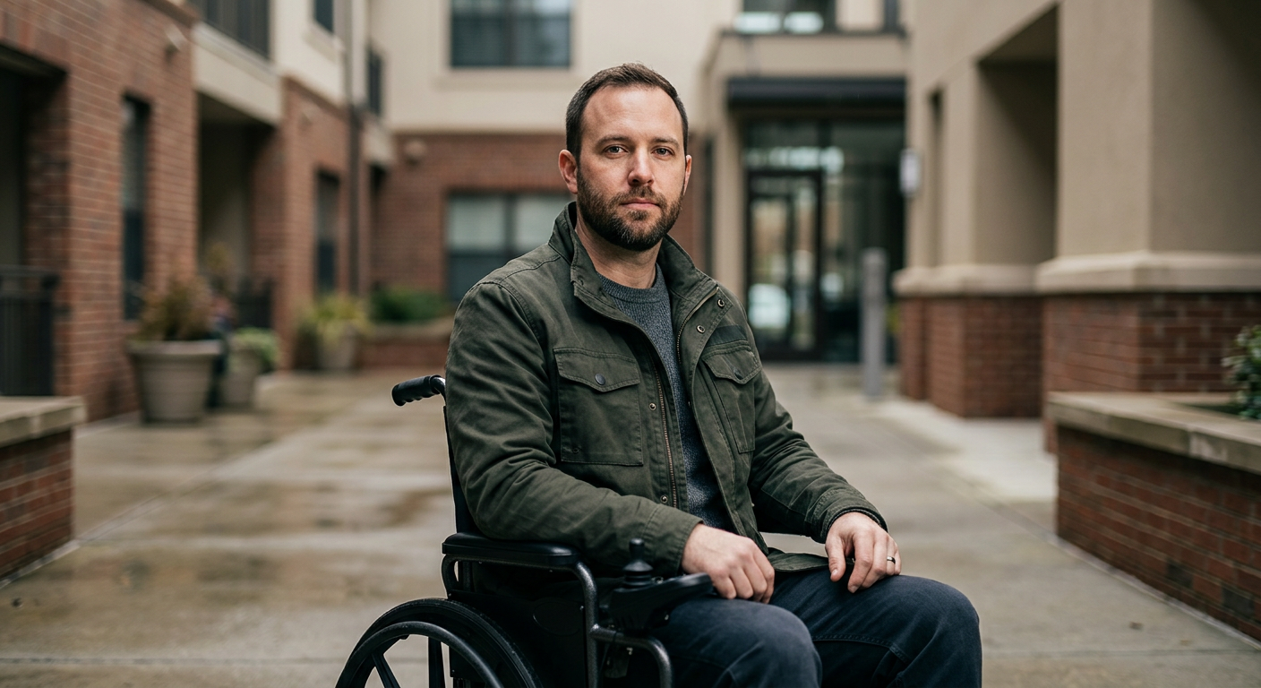 Wheelchair user looks forward with quiet resolve after sustaining a catastrophic spinal injury.