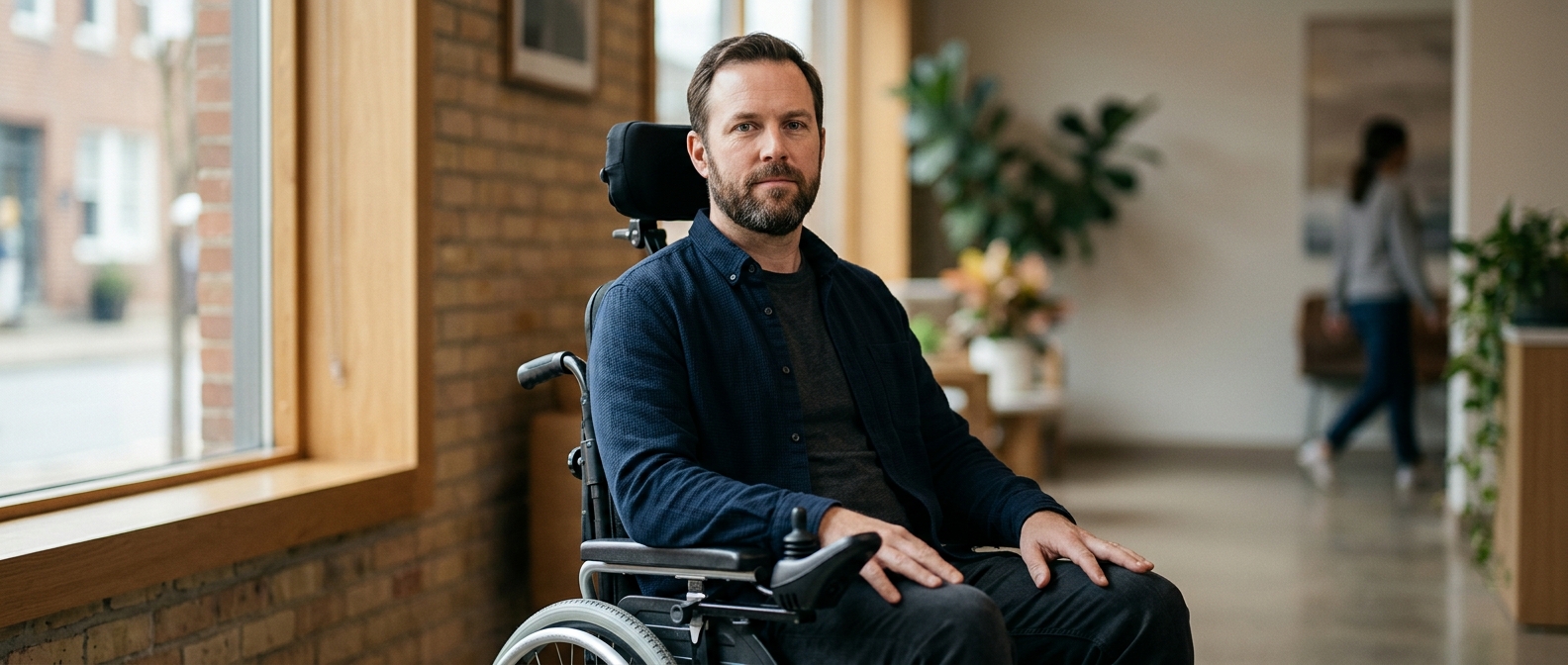 Wheelchair user with a catastrophic spinal injury gazing forward with quiet resolve.