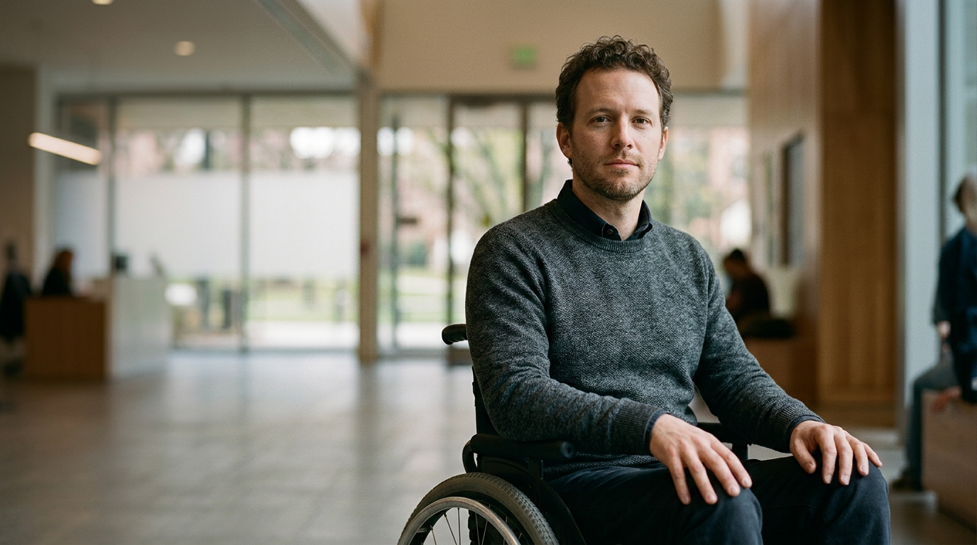 Wheelchair user with a catastrophic spinal injury looking forward with quiet resolve.