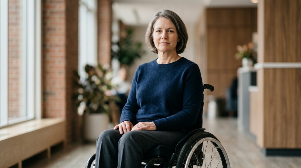 Wheelchair user with a leg amputation looking forward with quiet resolve.