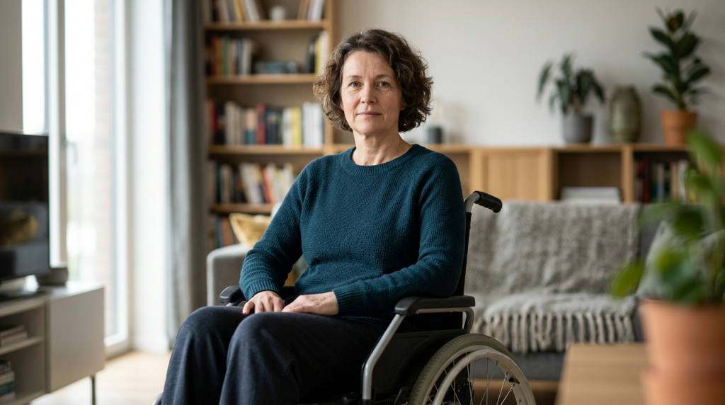 Wheelchair user with a lower-limb amputation looking forward with quiet resolve.