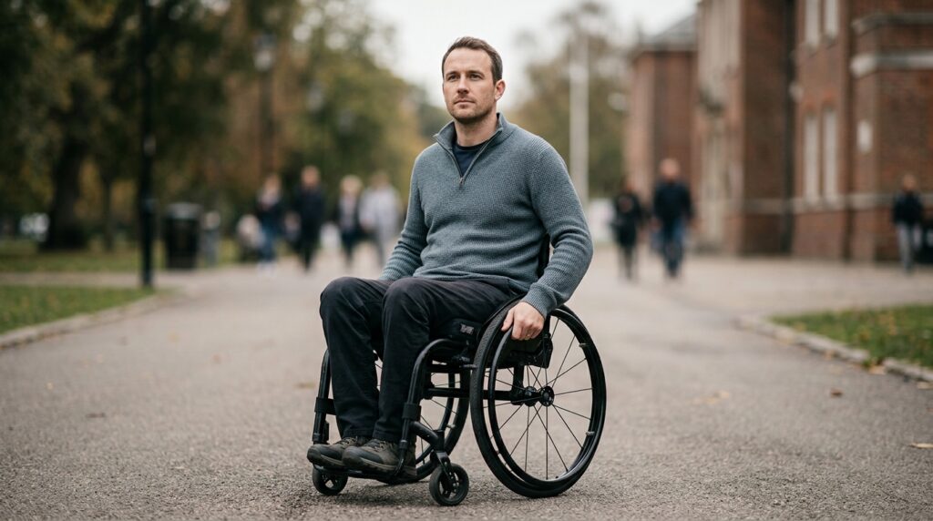 Wheelchair user with a prosthetic leg looking forward with quiet resolve.