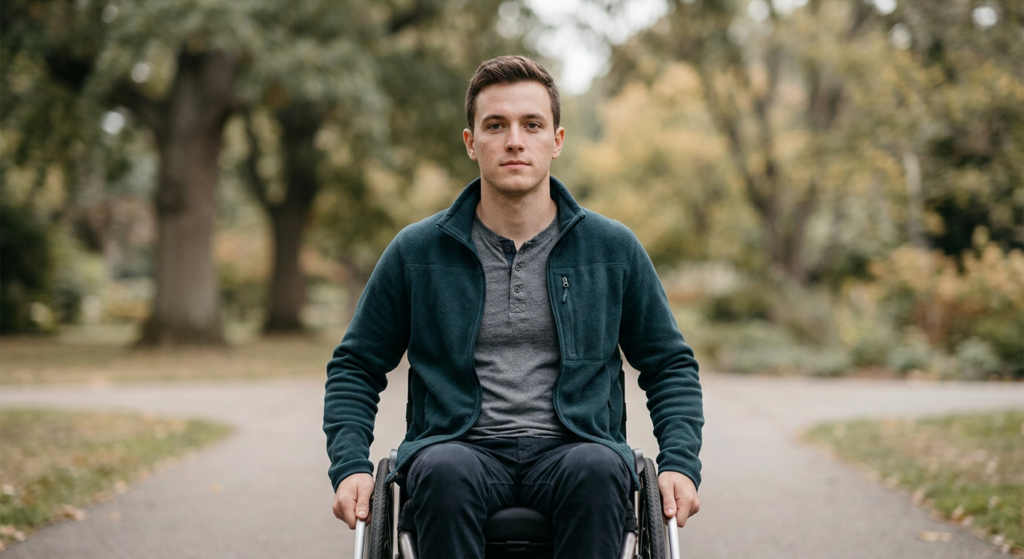 Wheelchair user with a prosthetic limb looking ahead with quiet resolve after a catastrophic spinal injury.