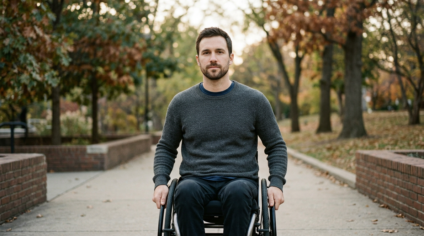 Wheelchair user with a spinal cord injury looking forward with quiet resolve.
