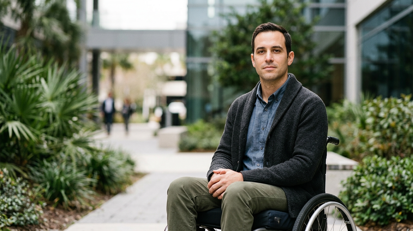 Wheelchair user with a spinal injury looking forward with quiet resolve.