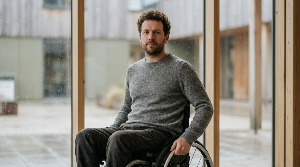 Wheelchair user with a spinal injury looking forward with quiet resolve.