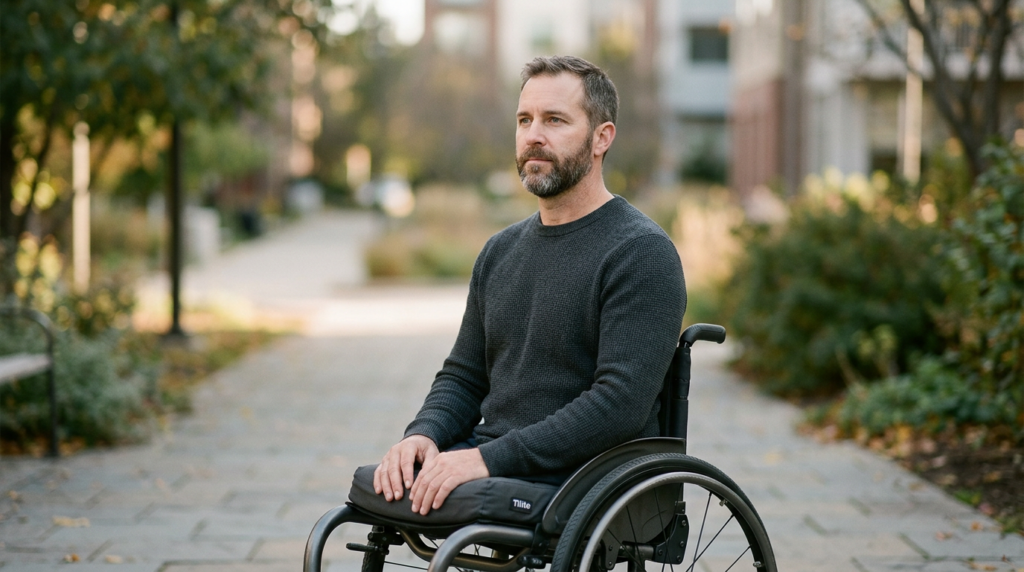 Wheelchair user with a spinal injury looking forward with quiet resolve.
