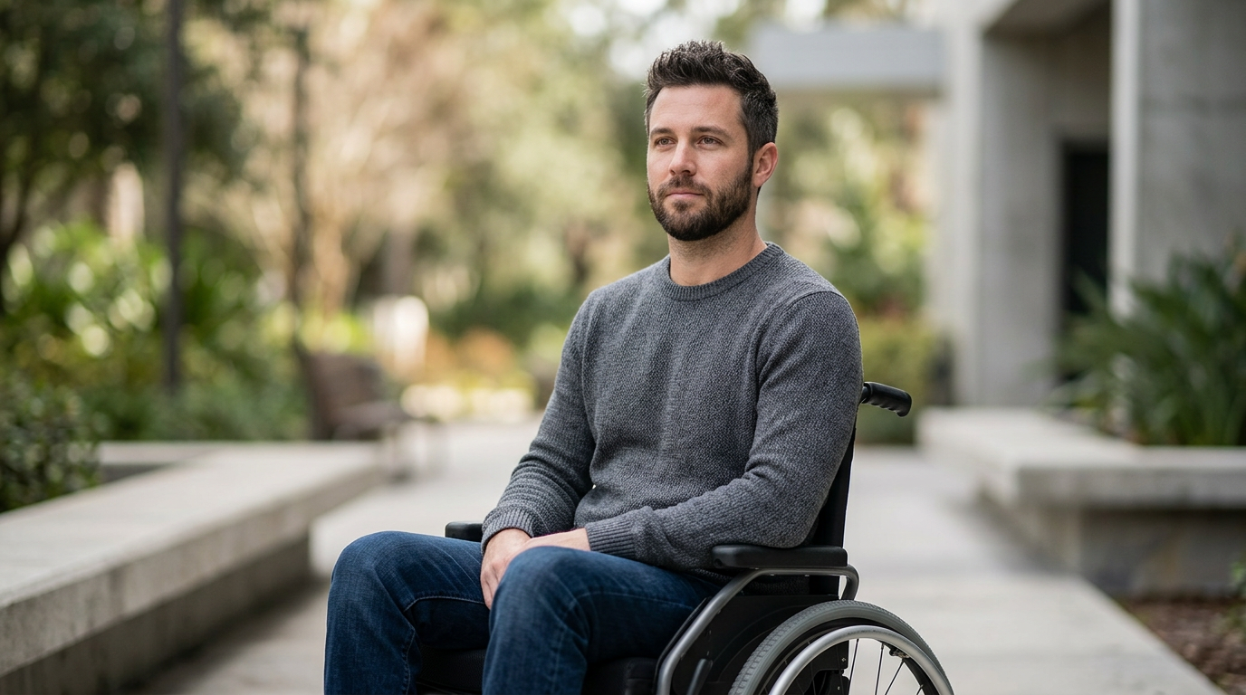 Wheelchair user with a spinal injury looking forward with quiet resolve.