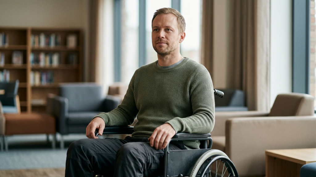 Wheelchair user with a spinal injury looking forward with quiet resolve.