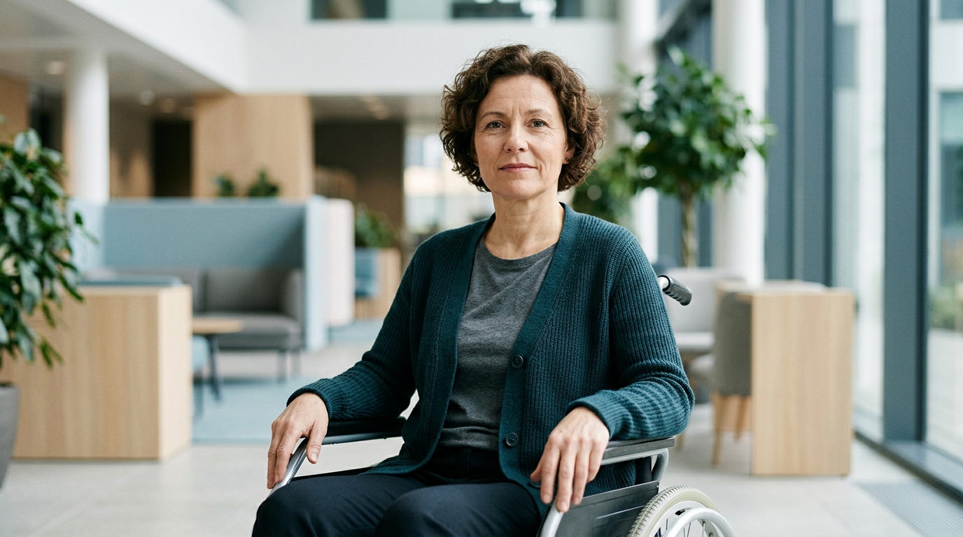 Wheelchair user with a spinal injury looking forward with quiet resolve.